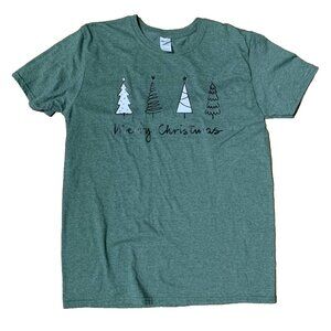 "Merry Christmas" T-Shirt Green Short Sleeve Trees Gildan Tee Top Blouse Large